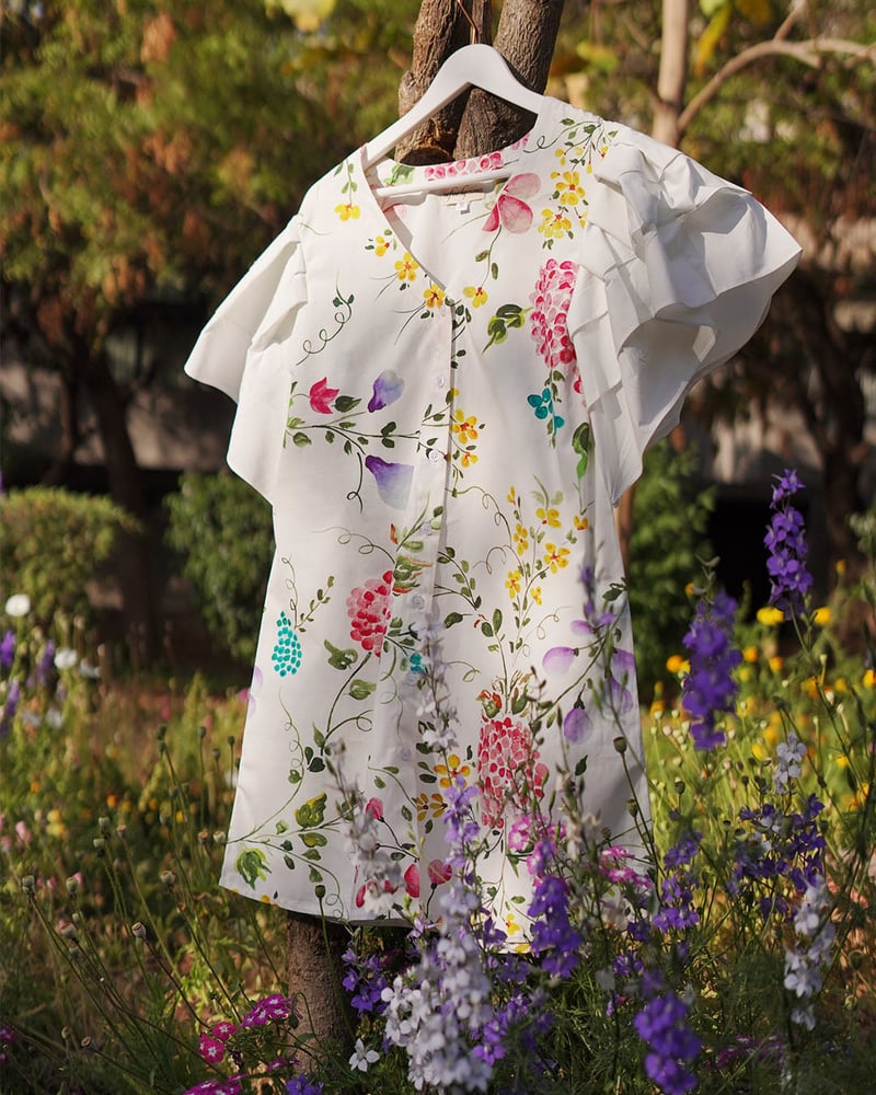 White Floral Printed Mini Dress with Flutter Sleeves