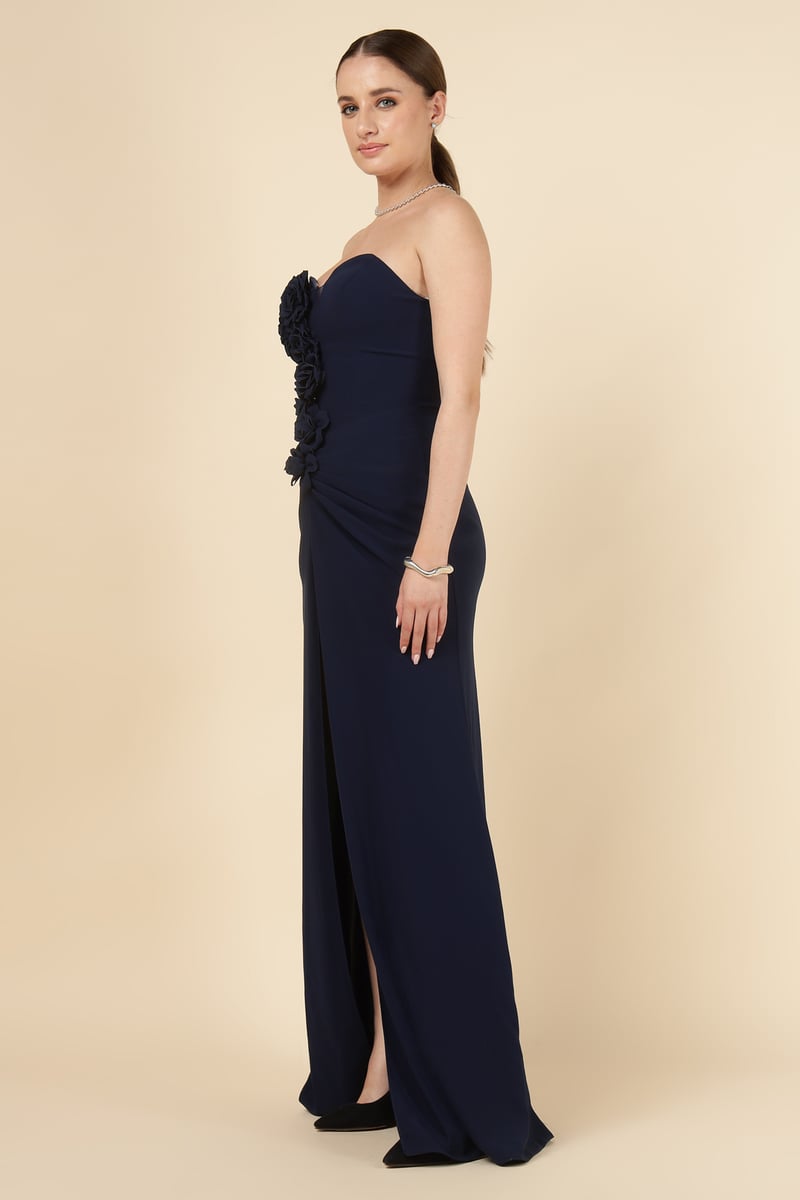 Blue Strapless Sweetheart Maxi Gown with Floral Applique