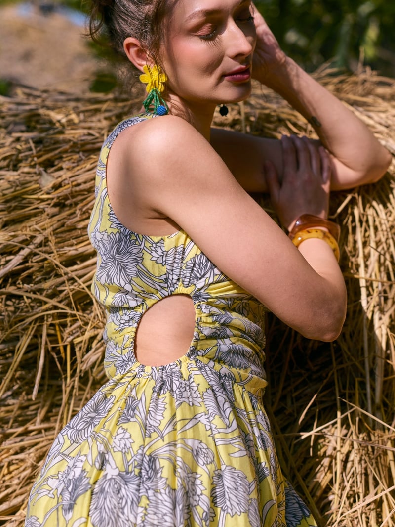 Yellow One-Shoulder Floral Printed Midi Dress with Slit