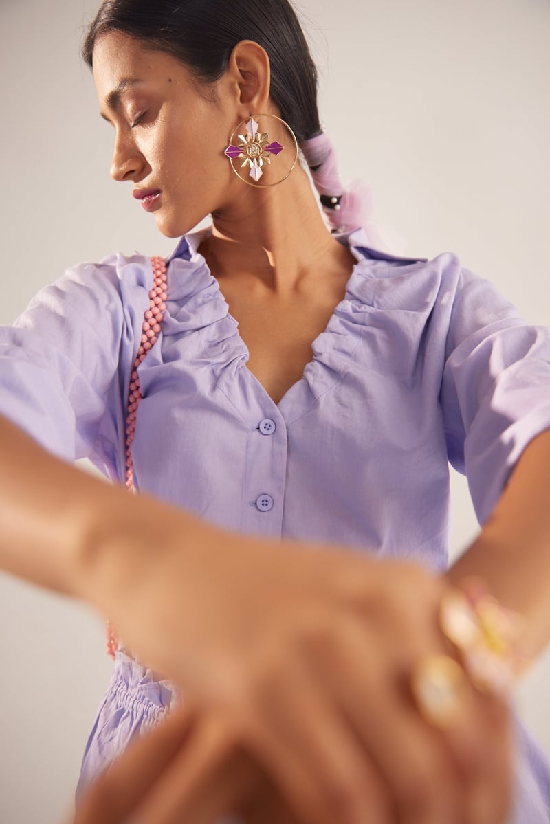 Lavender Cotton Satin Ruched V-Neck High-Low Shirt