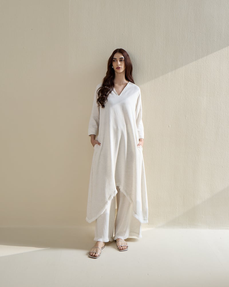 Natural Linen V-Neck Co-ord Set with Wide-Leg Pants