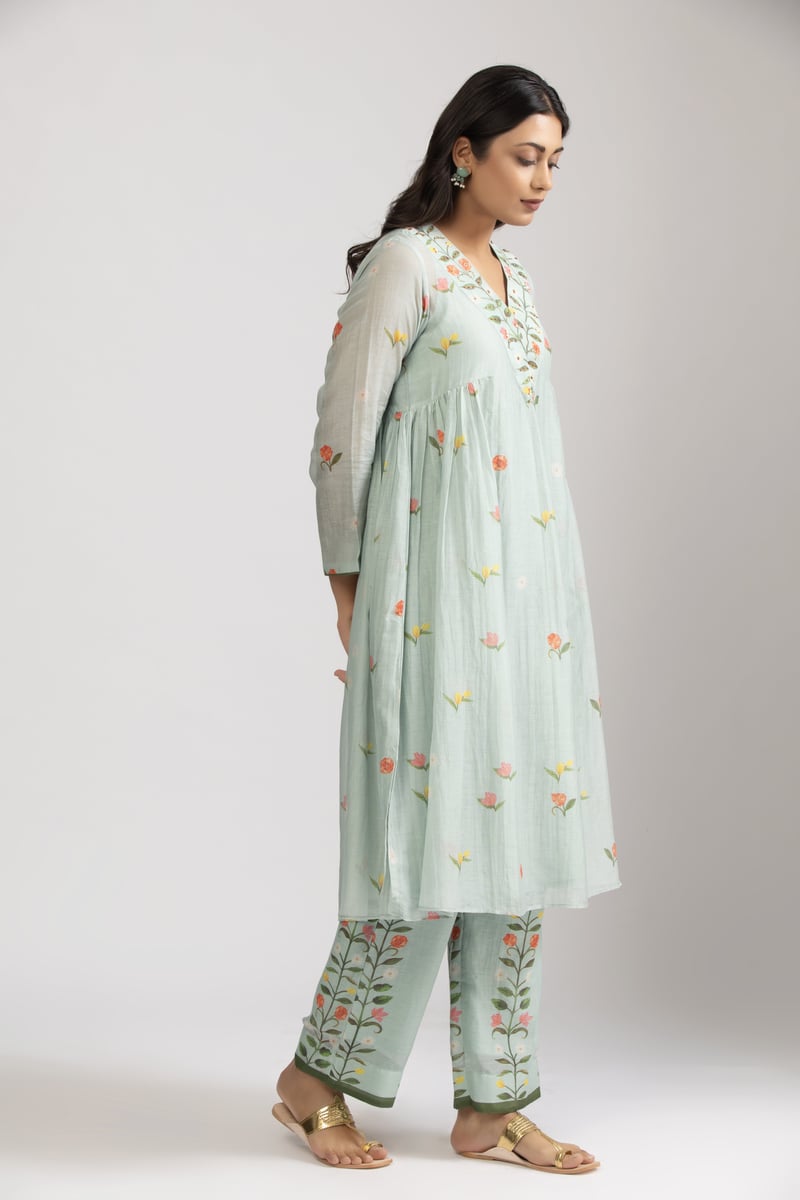 Ice Blue Floral A-Line Kurta Set with Embroidered V-Neck