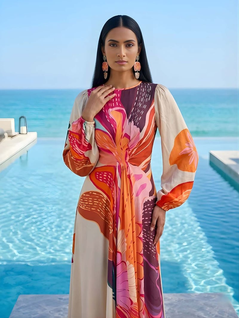 Multicolor Floral Printed Bemberg Silk Midi Dress