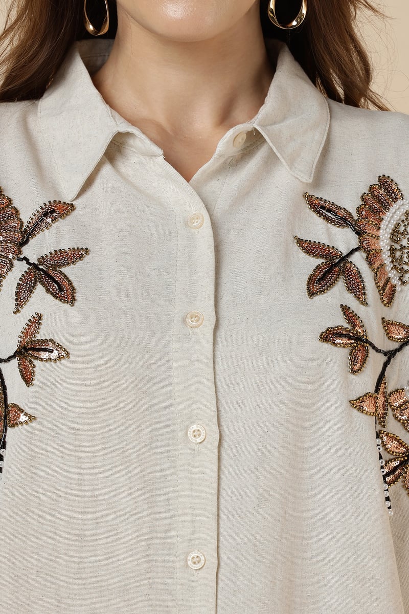 Natural Beige Embellished Longline Shirt