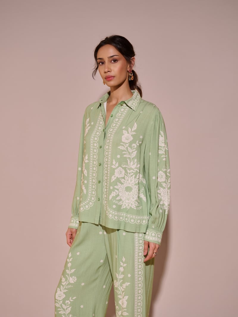 Green Floral Printed Cotton Button-Down Shirt