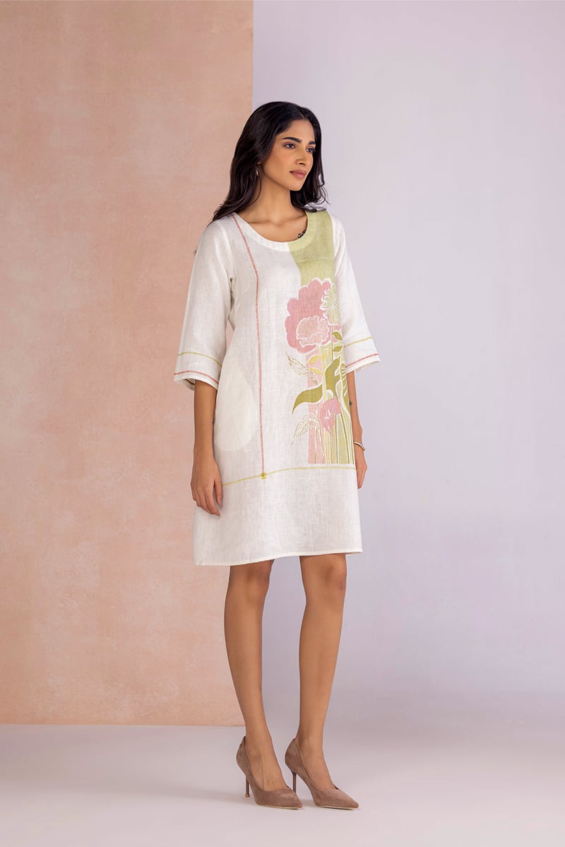 Lane Green Linen-Blend Printed Knee-Length Shift Dress
