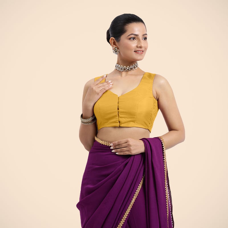 Marigold Yellow Sleeveless V-Neck Front Open Saree Blouse