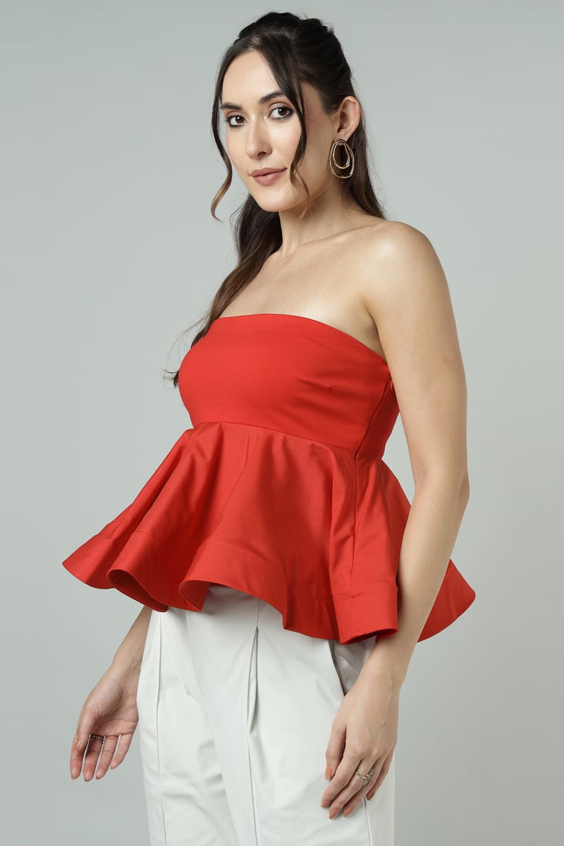 Red Bandeau Peplum Top with Ruffle Hem