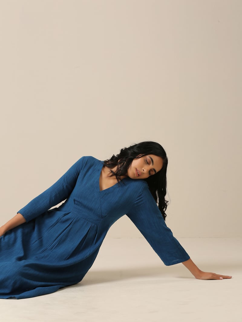 Classic Blue Slub Overlap Pleat Kurta Pant Set