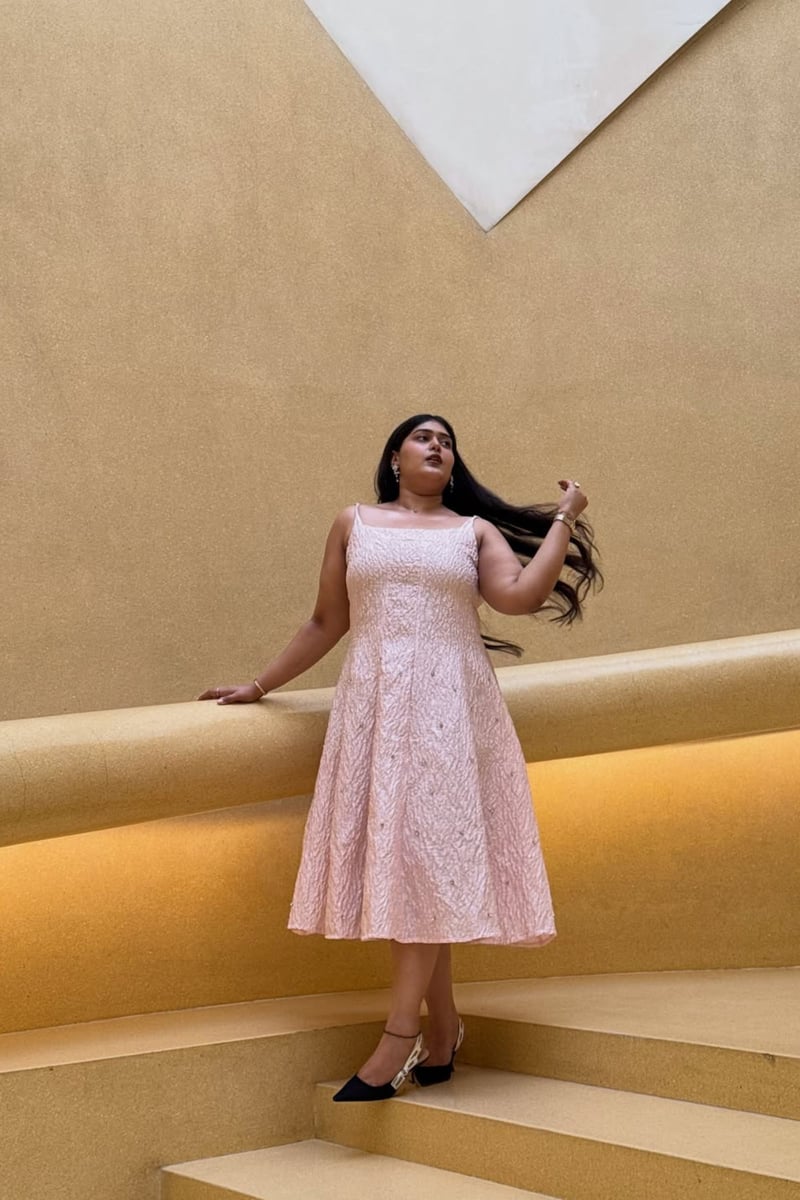 Pink Jacquard Embellished Fit and Flare Midi Dress