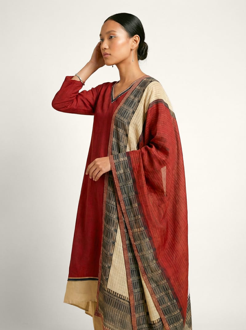 Red Muslin Silk V-Neck Asymmetrical Hem Kurta Set