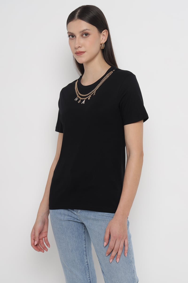 Black Crewneck T-Shirt with Chain Neckline Detail