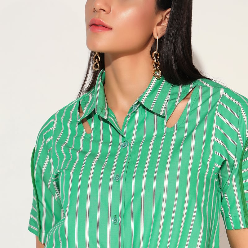 Green Striped Colorblock Cotton Shirtdress