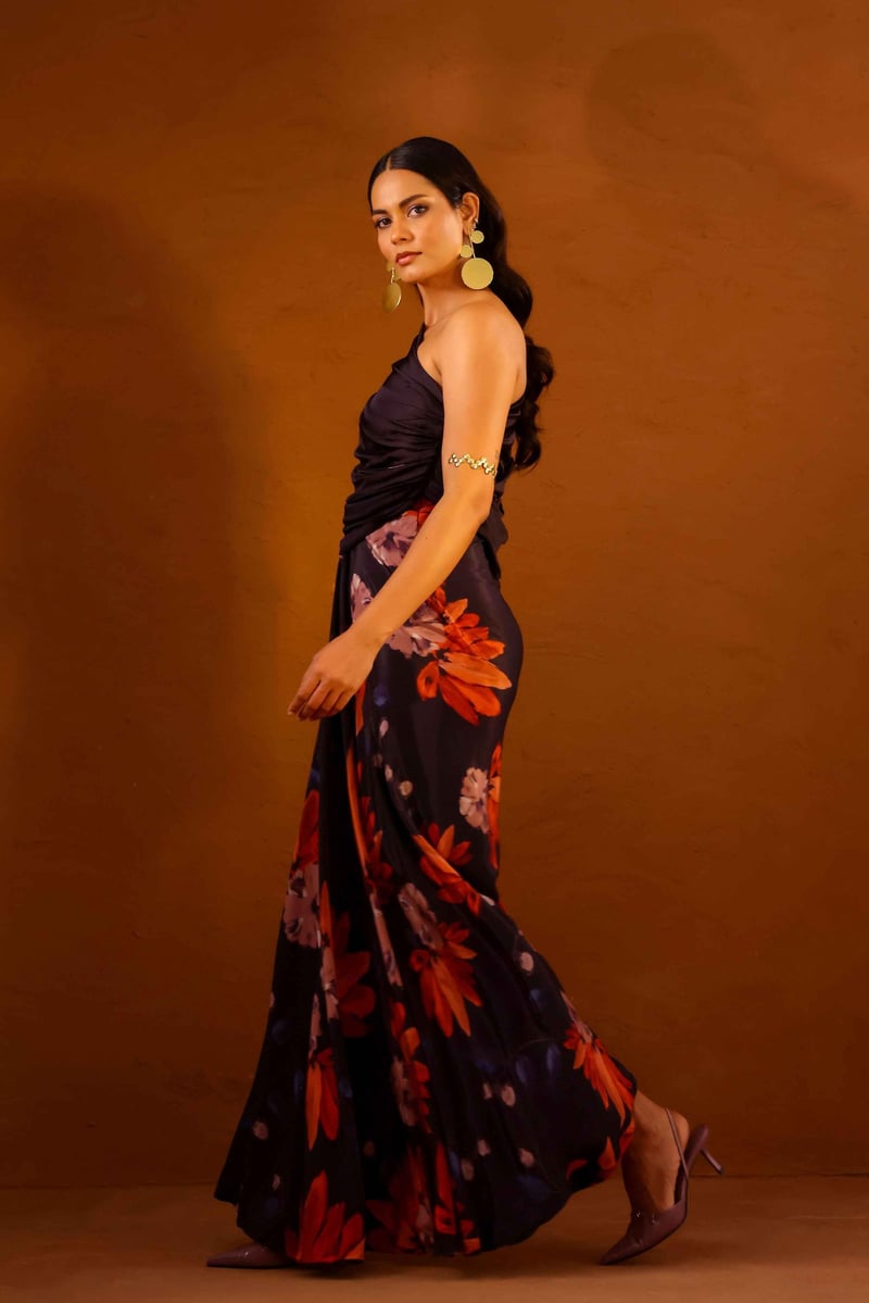 Multicolor One-Shoulder Floral Maxi Gown with Slit