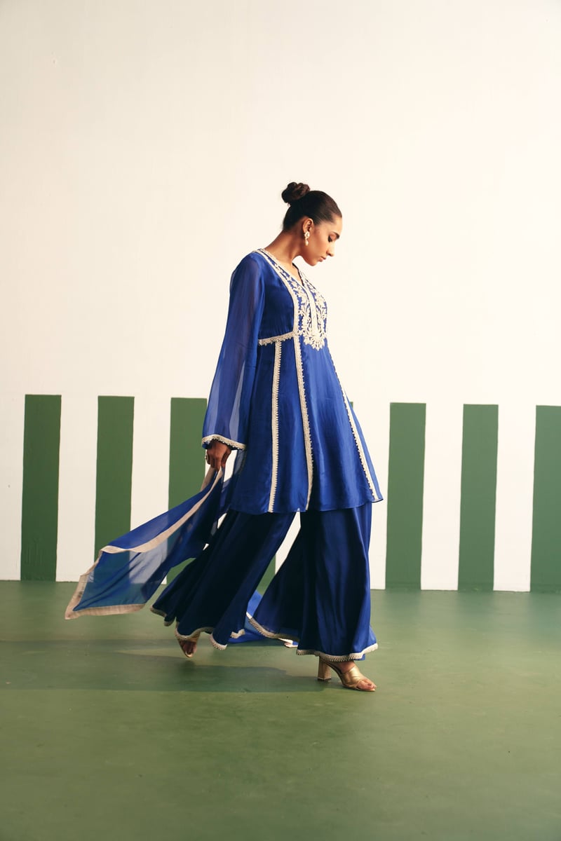 Cobalt Blue Embroidered Peplum Kurta Sharara Set