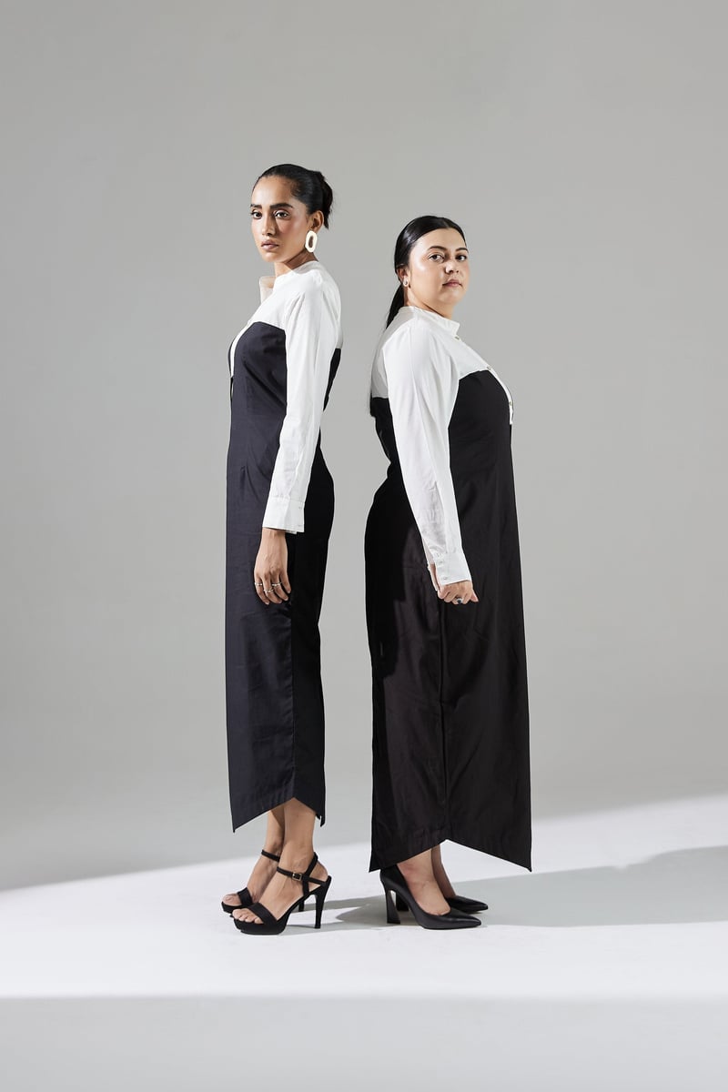 Black and White Colorblock Mandarin Collar Midi Dress