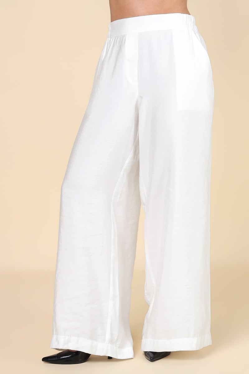 White Wide-Leg Pull-On Trousers with Side Pockets