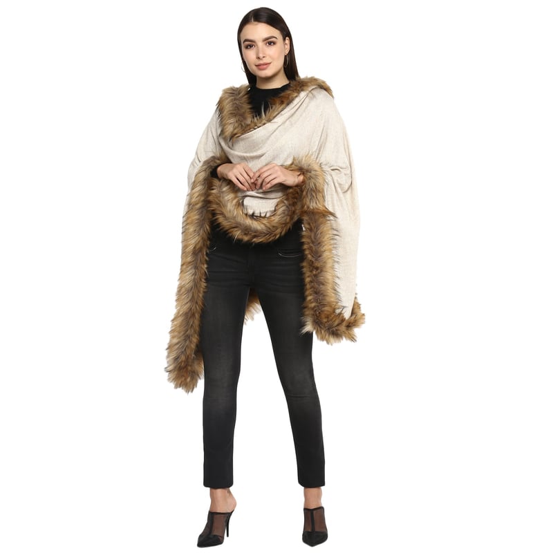 Beige Herringbone Wool-Blend Stole with Faux Fur Trim