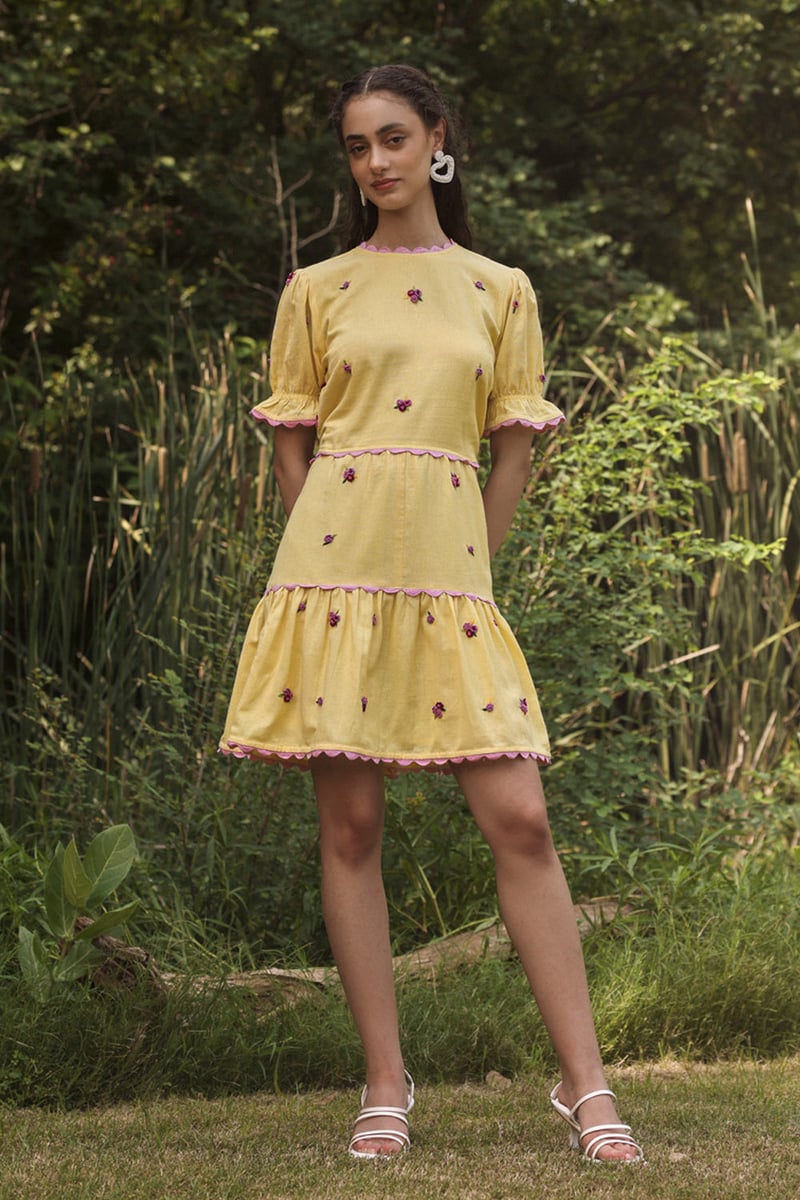 Buttercup Yellow Tiered Mini Dress with Floral Embroidery
