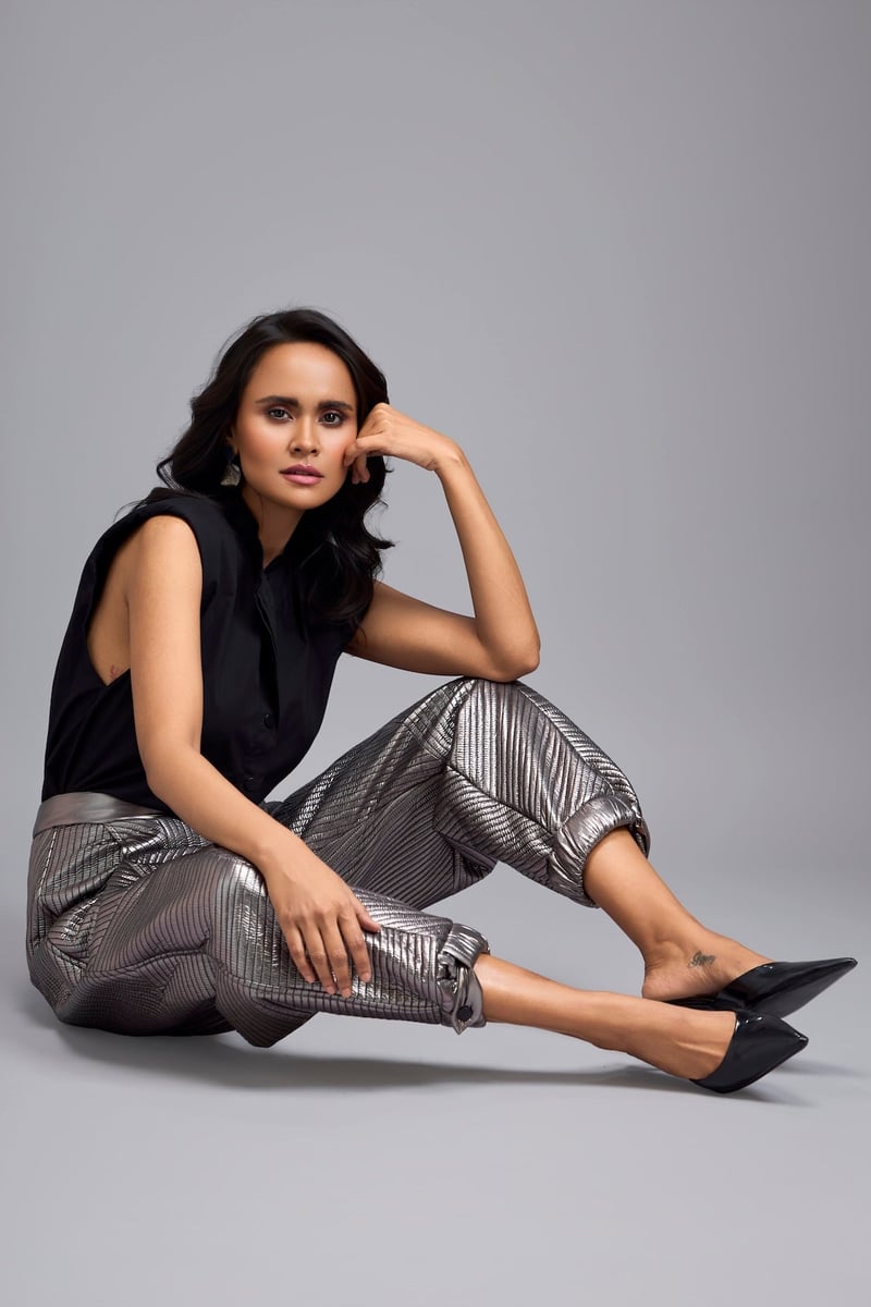 Gunmetal Metallic Quilted High-Rise Tapered Pants