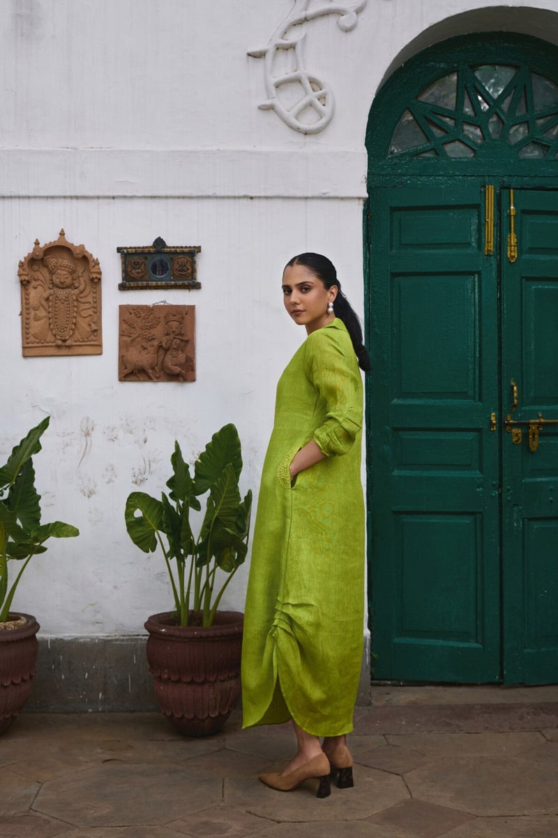 Green Linen Straight Midi Dress with Ruffle Detail