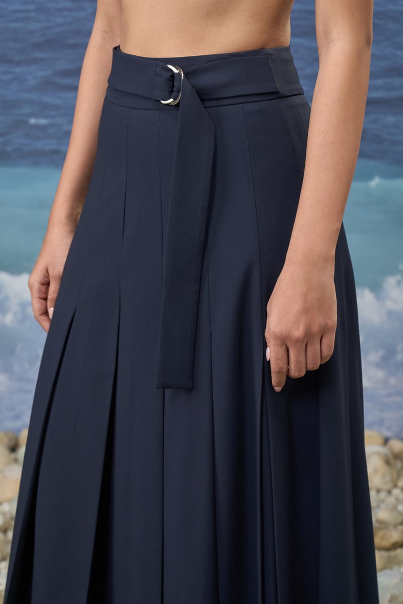 Navy High-Waist Pleated Midi Skirt with Belt Detail