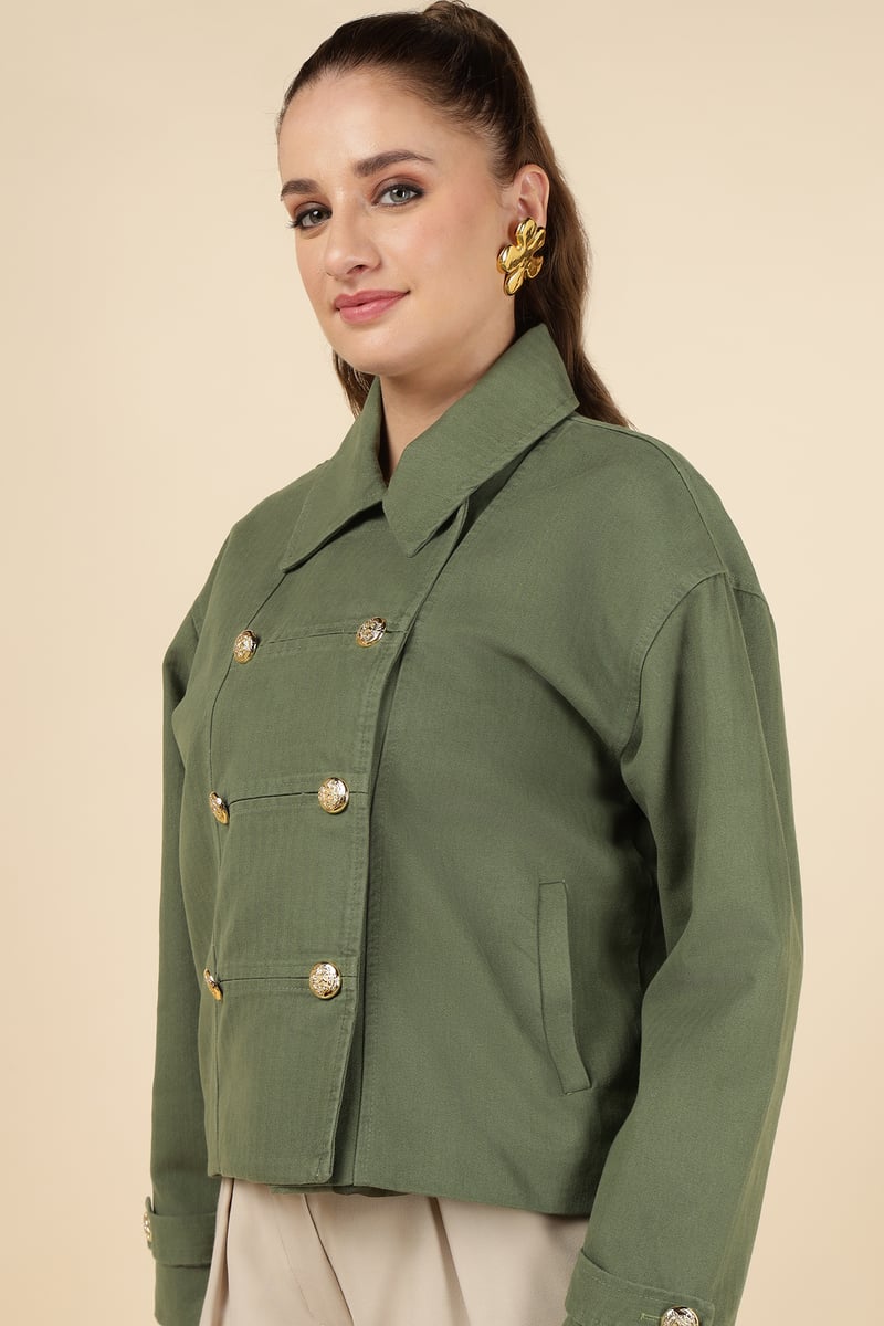 Green Double-Breasted Tailored Jacket with Gold Buttons