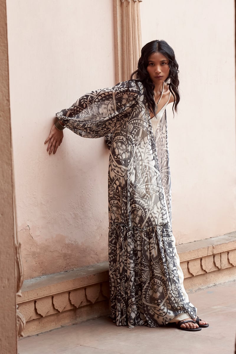 Champagne Jumpsuit with Abstract Printed Long Jacket