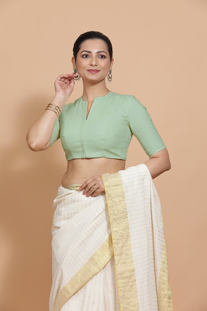 Light Sage Cotton Saree Blouse with Elbow Sleeves