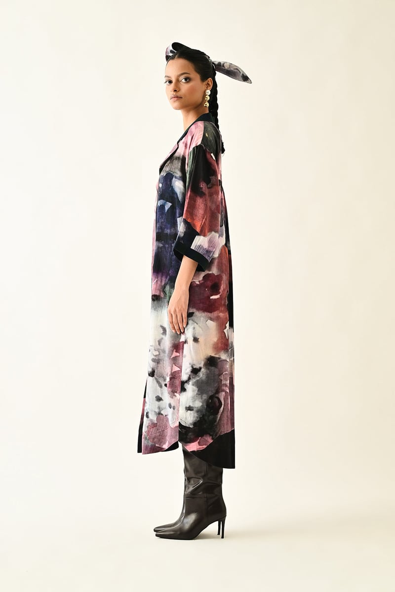 Multicolor Abstract Print Button-Front Midi Shirt Dress
