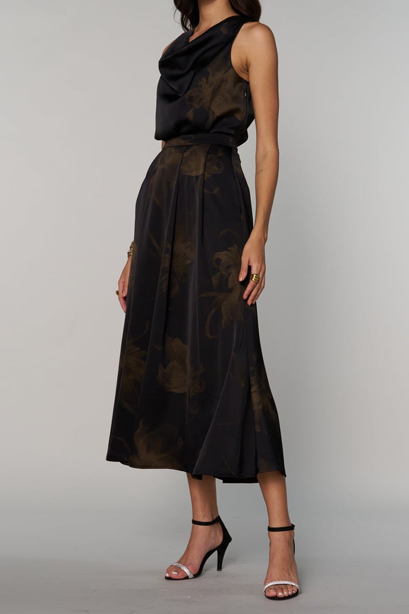 Black Satin Cowl Neck Sleeveless Printed Top