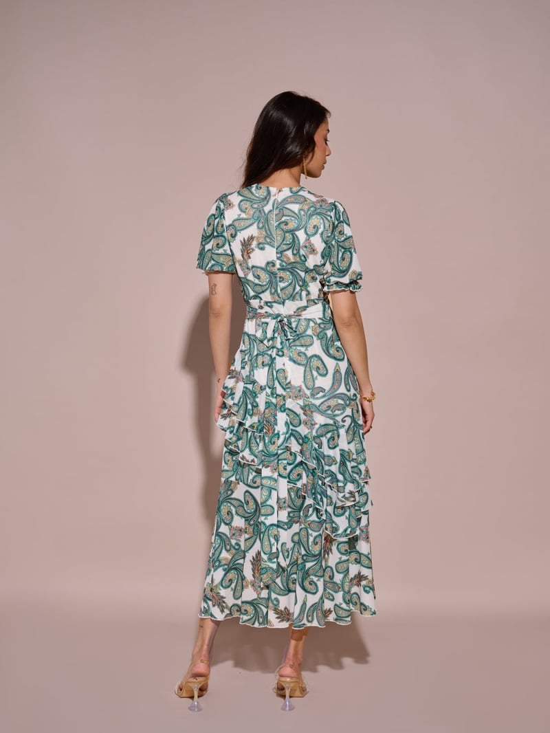 Green Paisley Print Wrap Midi Dress with Ruffle Tiers