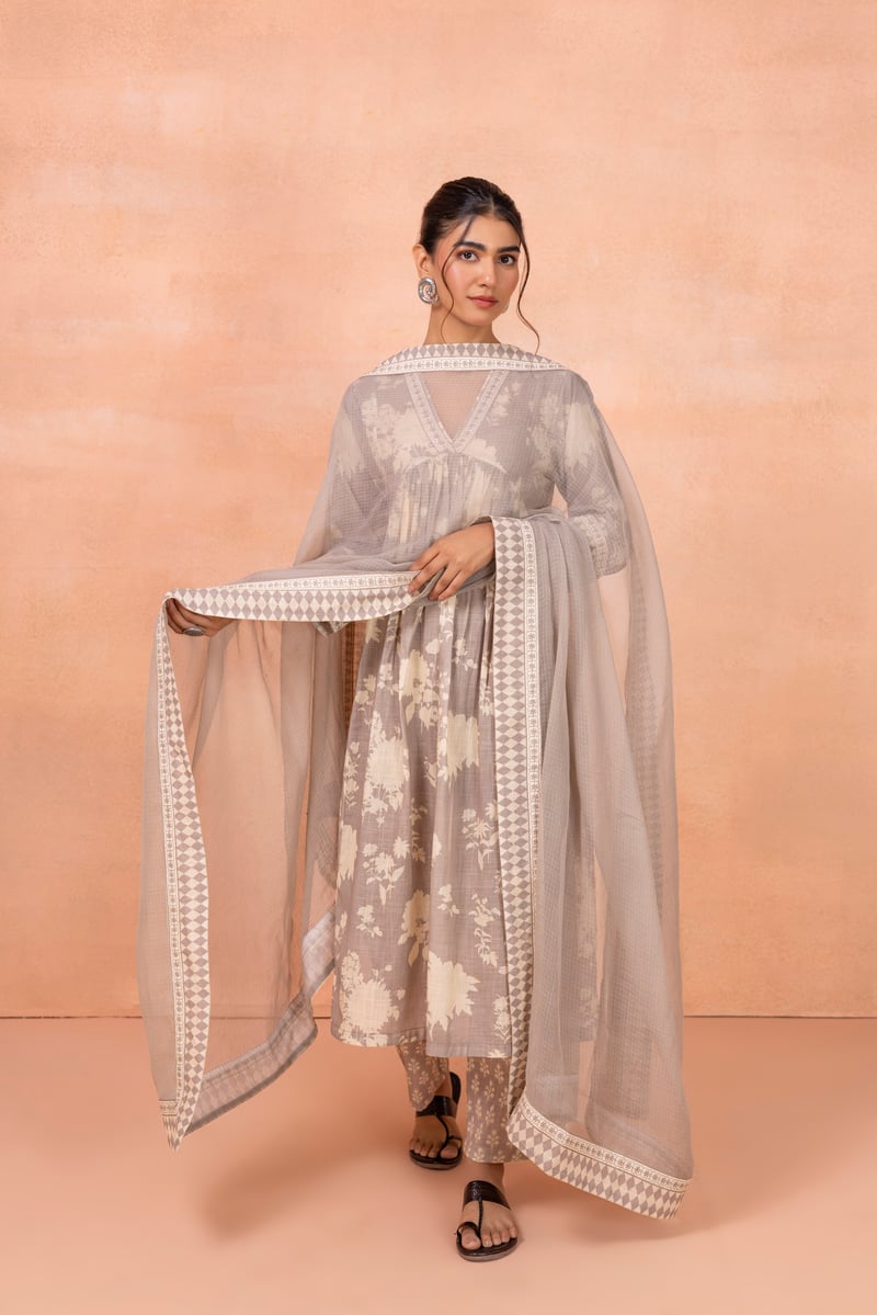 Grey Floral Print Cotton Kurta Set with Dupatta