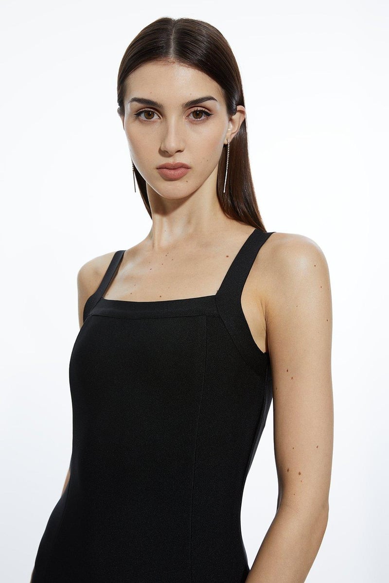 Black Bandage Knit Bodycon Midi Dress With Feather Hem