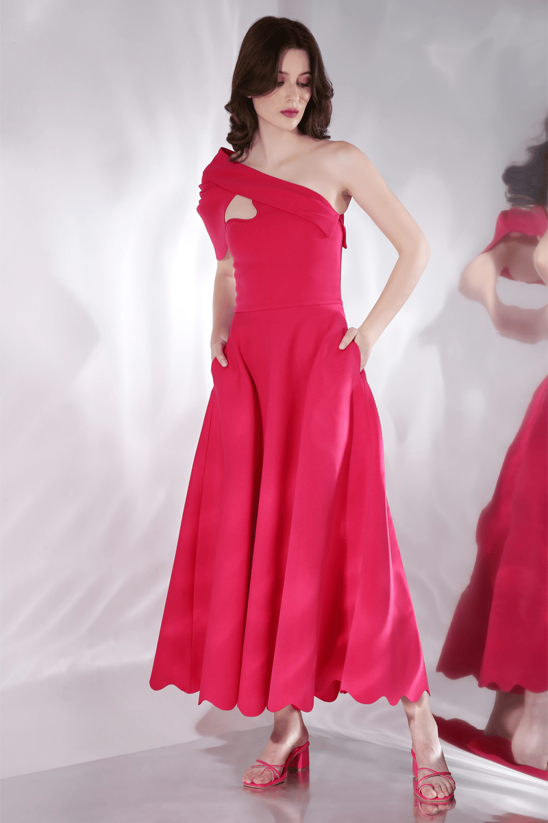 Hot Pink Fit and Flare Midi Dress with Detachable Bow