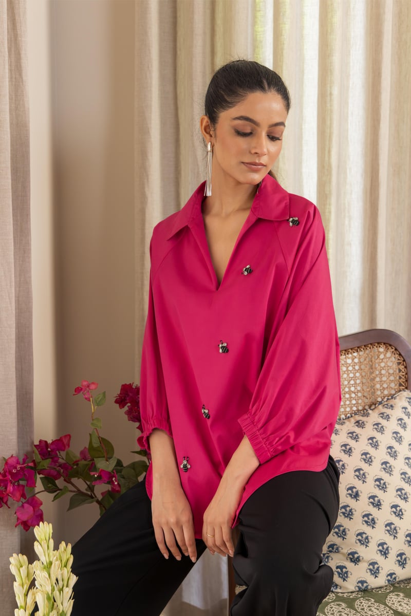 Blush Satin Lycra Relaxed Fit Shirt with Bee Motifs