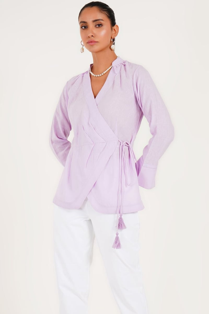 Lilac Wrap Pleated Top with Side Tassel Tie