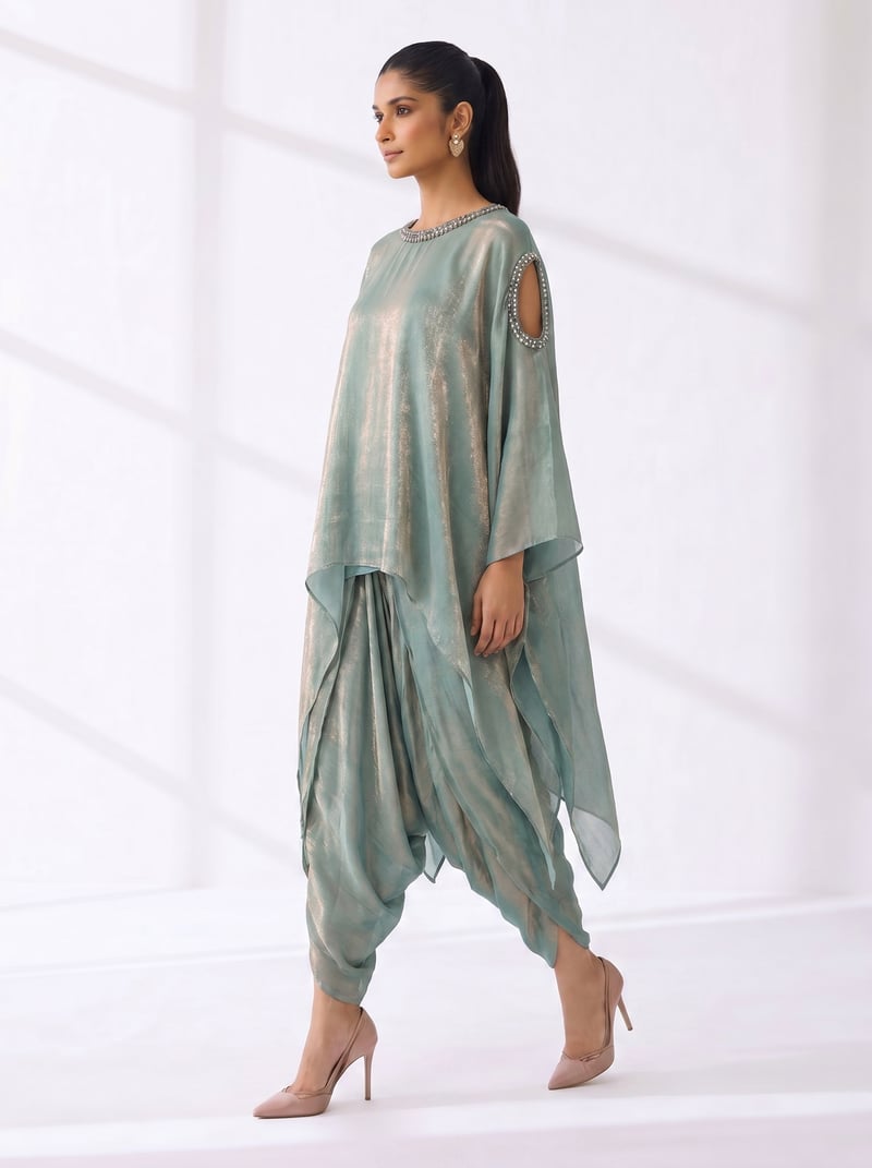 Metallic Green Kaftan and Dhoti Co-ord Set