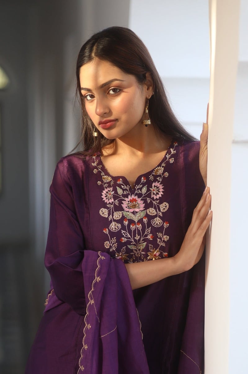 Purple Embroidered Chanderi Straight Kurta Set with Dupatta