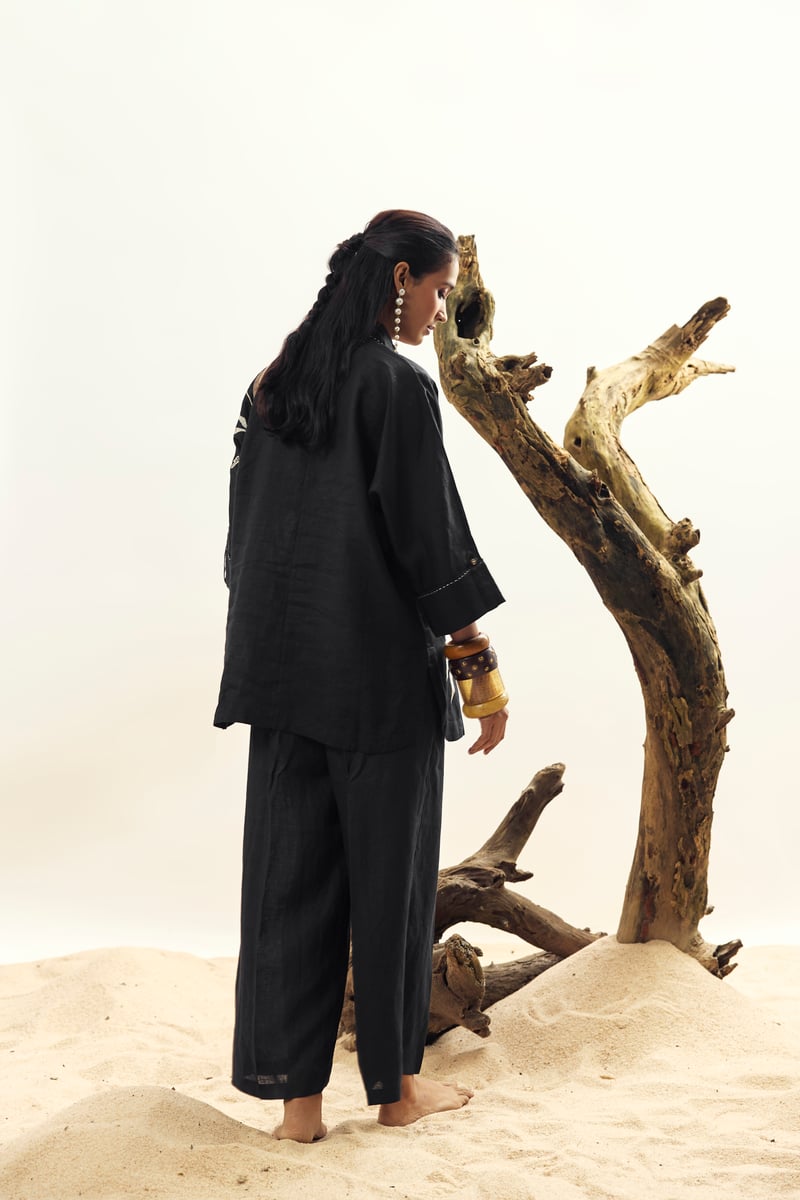 Black Linen Shirt with Botanical Placement Motif
