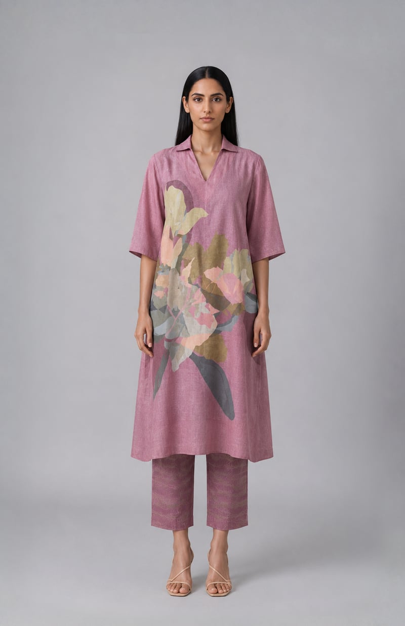 Almond Pink Printed Korean Linen Kurta Set with Pants — CLOS