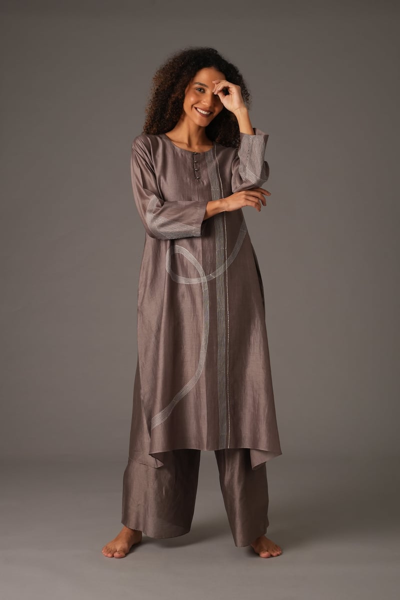Greige Chanderi Silk Embroidered Kurta Pant Set