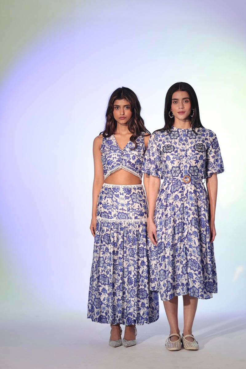 White/Blue Floral Crop Top and Maxi Skirt Co-ord Set