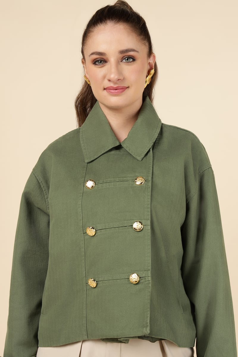 Green Double-Breasted Tailored Jacket with Gold Buttons