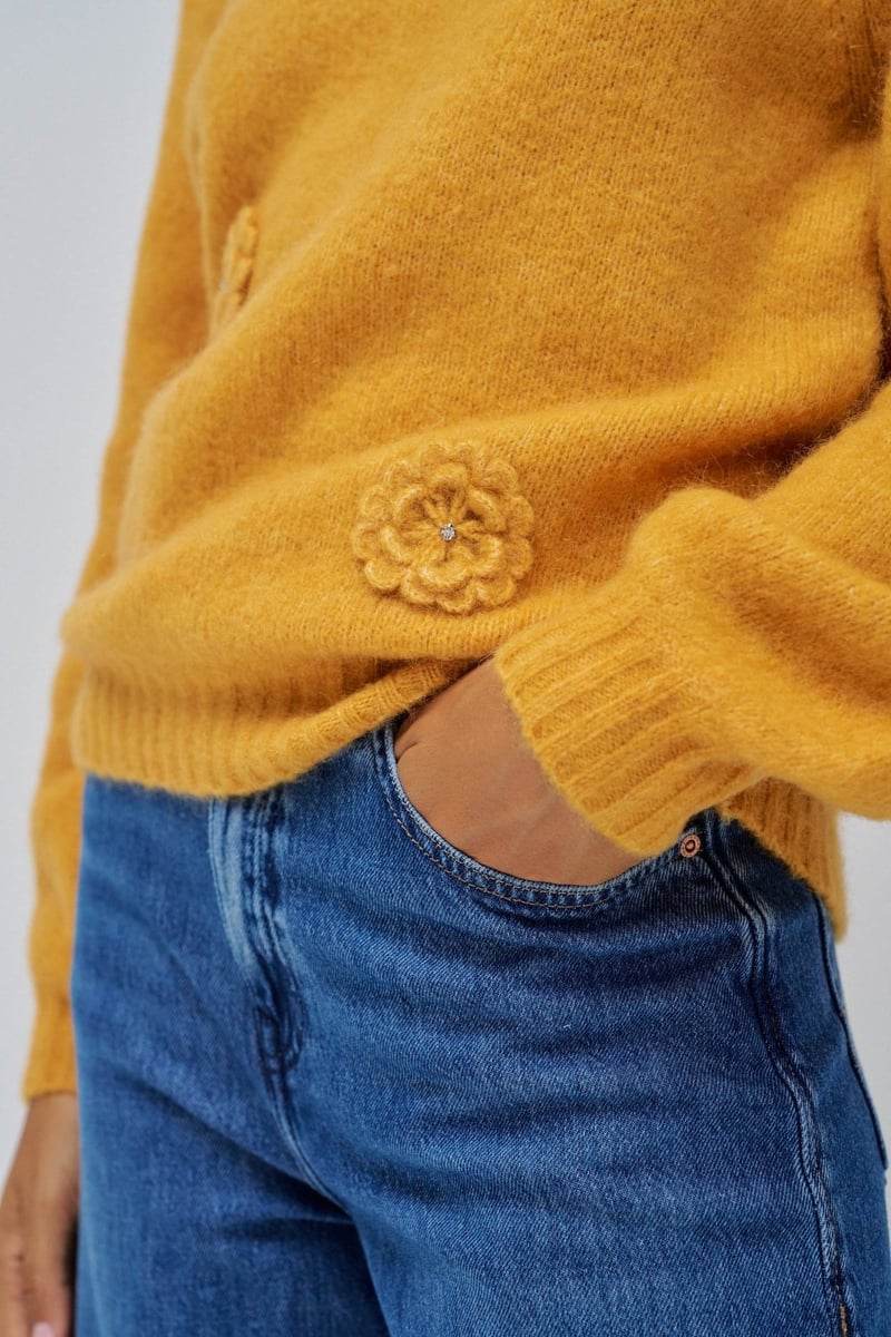 Mustard Crew-Neck Sweater with 3D Floral Appliques