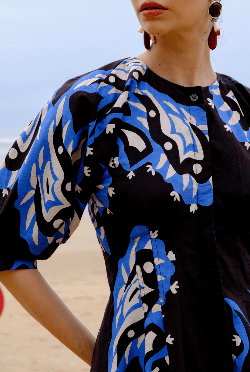 Black and Blue Abstract Print Fit and Flare Midi Dress