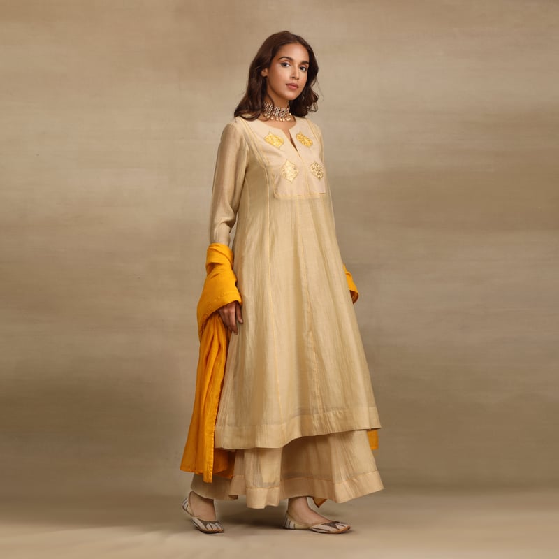Beige Yellow Silk Chanderi Anarkali Kurta Set
