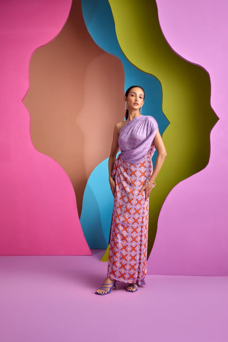 Purple One-Shoulder Printed Kaftan with Side Buttons