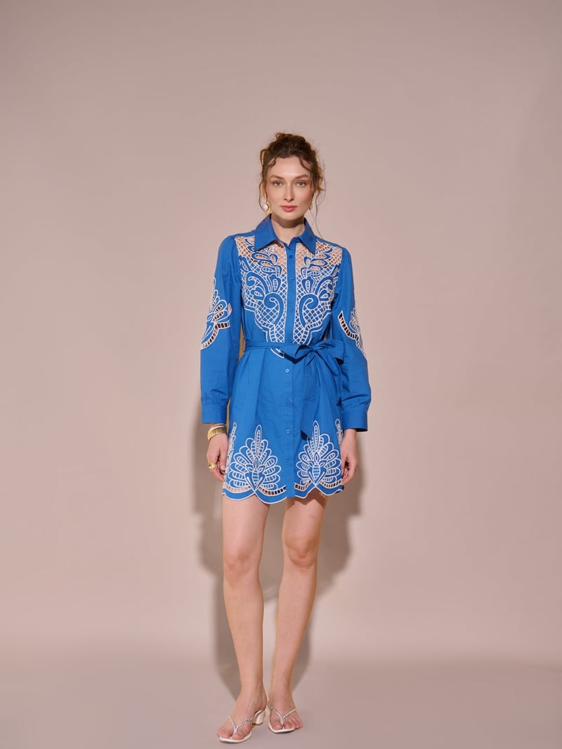 Blue Cutwork Belted Mini Shirt Dress