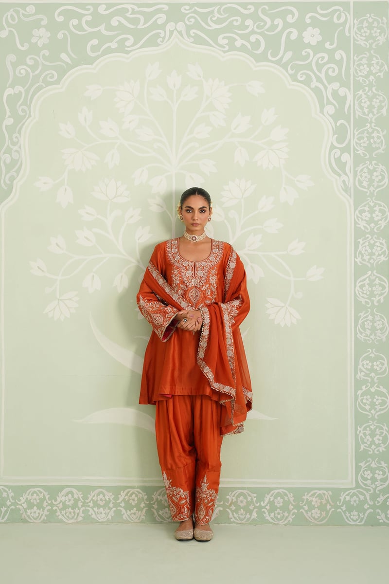 Orange Embroidered Chanderi Kurta Set with Salwar